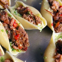 A picture of Italian sausage stuffed pasta.