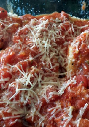 A picture of quick & light microwave eggplant parm.