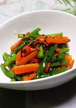 A picture of Salty Carrot and Green Pepper Kinpira Stir-Fry.