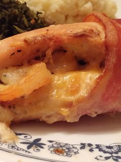 A picture of Shrimp stuffed bacon wrapped chicken.