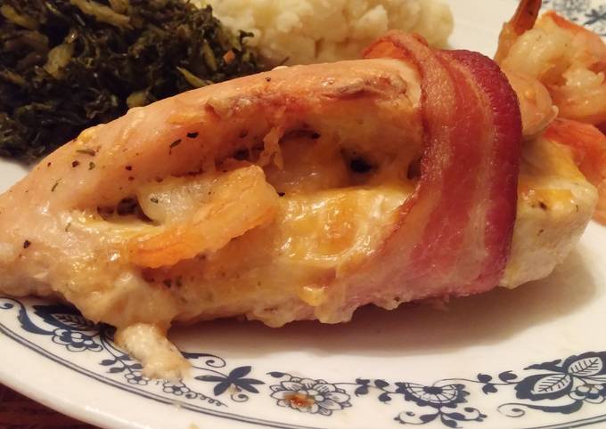 Shrimp stuffed bacon wrapped chicken
