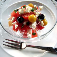 A picture of Watermelon, Peach, Tomato, and Feta Cheese Salad.