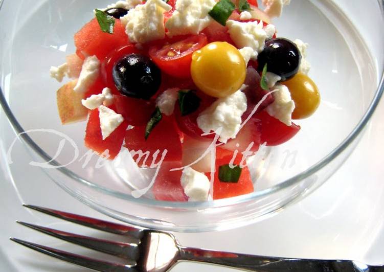 Recipe of Tasty Watermelon, Peach, Tomato, and Feta Cheese Salad