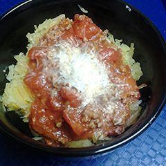 A picture of Spaghetti, with spaghetti squash.