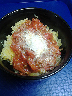 A picture of Spaghetti, with spaghetti squash.