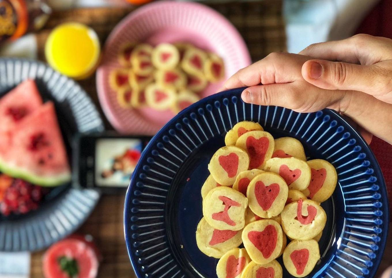 Heart-shaped pancakes are a perfect Sunday breakfast.