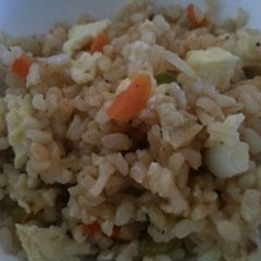 A picture of Brown rice veggie and egg fried rice.