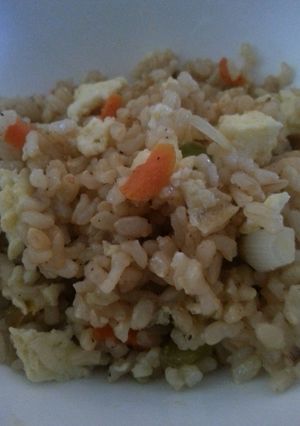 A picture of Brown rice veggie and egg fried rice.