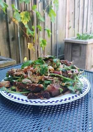 A picture of Thai beef salad (nam tok neuha).