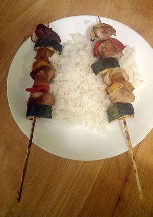 A picture of pineapple teriyaki chicken shish kabobs.