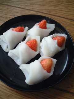 A picture of Wrapped Ichigo Daifuku (Strawberry Dumplings) For Girls' Day Festival.
