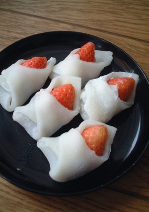A picture of Wrapped Ichigo Daifuku (Strawberry Dumplings) For Girls' Day Festival.