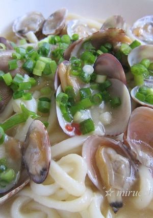 A picture of Udon noodles alle Vongole.