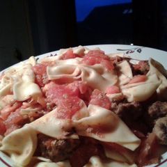 A picture of Homemade Farfalle, Meatballs and Fresh Tomatoes.