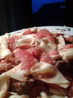 A picture of Homemade Farfalle, Meatballs and Fresh Tomatoes.