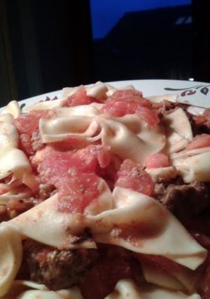 A picture of Homemade Farfalle, Meatballs and Fresh Tomatoes.