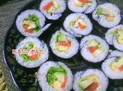 A picture of salmon avocado sushi