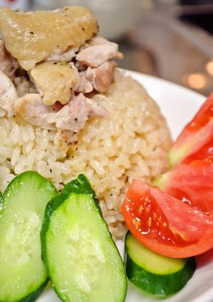 A picture of Foolproof Chicken Rice in a Rice Cooker.