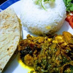 A picture of Palak chicken with boiled rice.