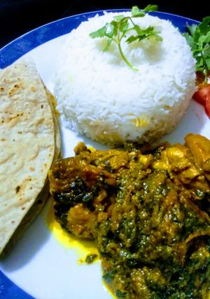 A picture of Palak chicken with boiled rice.