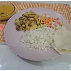 A picture of Karela Aloo With Dal, Rice.