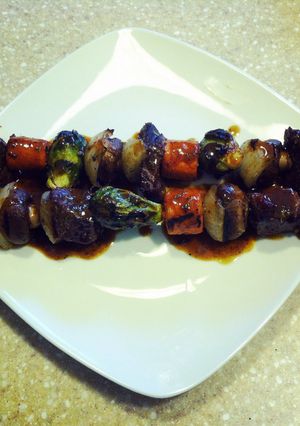 A picture of Beef Short Rib and Vegetable Kabobs.