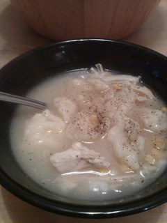A picture of Chicken and dumpling soup..