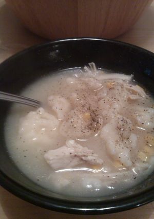 A picture of Chicken and dumpling soup..