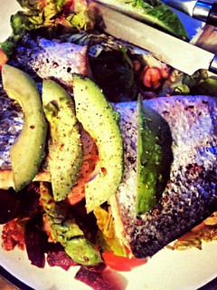 A picture of Salmon, avacodo, walnut and beetroot salad.