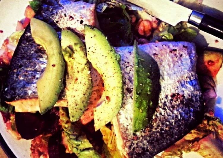 Recipe of Any-night-of-the-week Salmon, avacodo, walnut and beetroot salad