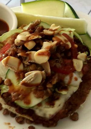 A picture of Super healthy, mouth-watering meatless burger.