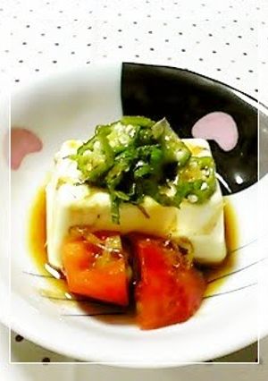 A picture of Chilled Tofu with Okra, Shiso and Ponzu Sauce.