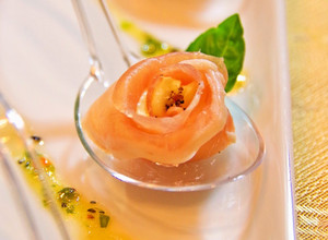 A picture of Flower Shaped Appetizers! Easy Cured Ham and Cream Cheese Roses.