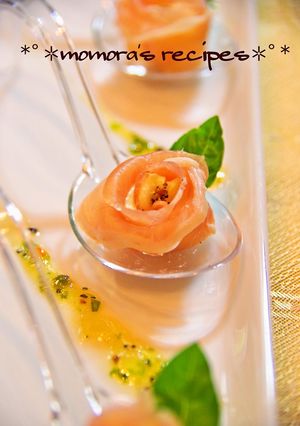 A picture of Flower Shaped Appetizers! Easy Cured Ham and Cream Cheese Roses.