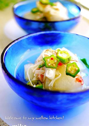 A picture of Simmered Winter Melon, Imitation Crab and Okra.