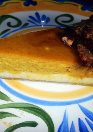 A picture of Ray's' DOUBLE PUMPKIN PECAN CHEESECAKE.