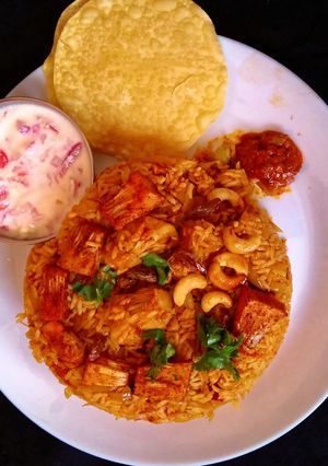 A picture of Jackfruit Biryani (Chakka (ചക്ക)/ Kadgi/ kathal Biryani).