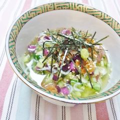 A picture of Summertime Chilled Ochazuke (Rice with Tea) with Dashi Stock Granules.