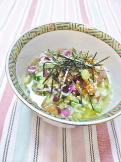 A picture of Summertime Chilled Ochazuke (Rice with Tea) with Dashi Stock Granules.