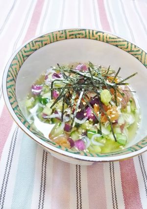 A picture of Summertime Chilled Ochazuke (Rice with Tea) with Dashi Stock Granules.