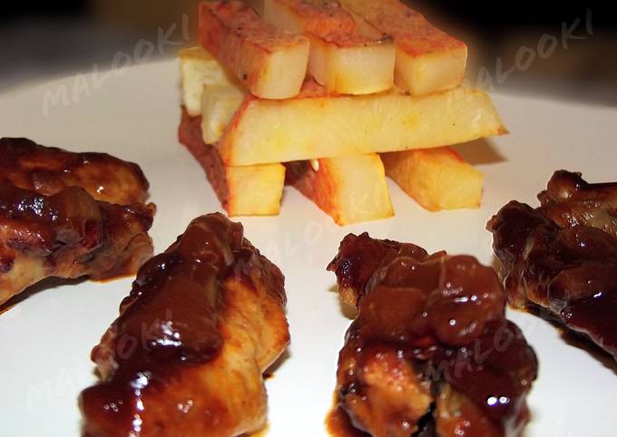 Sticky barbeque chicken wings with steak potatoes