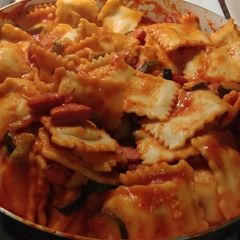 A picture of Raviolis and Polska Kielbasa.