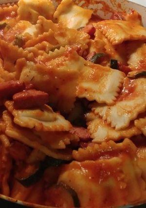A picture of Raviolis and Polska Kielbasa.
