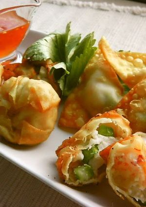 A picture of Shrimp and Spring Asparagus Fried Wontons.