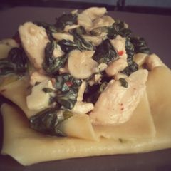 A picture of Unorthodox Lasagne with Chicken and Spinach.