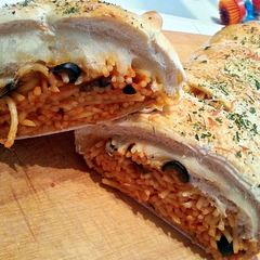 A picture of Ray's Stuffed Spaghetti Bread.