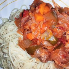 Spaghetti with soya vege stew🍲 A picture of Spaghetti with soya vege stew🍲.