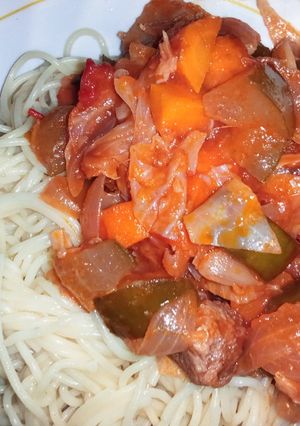 A picture of Spaghetti with soya vege stew🍲.