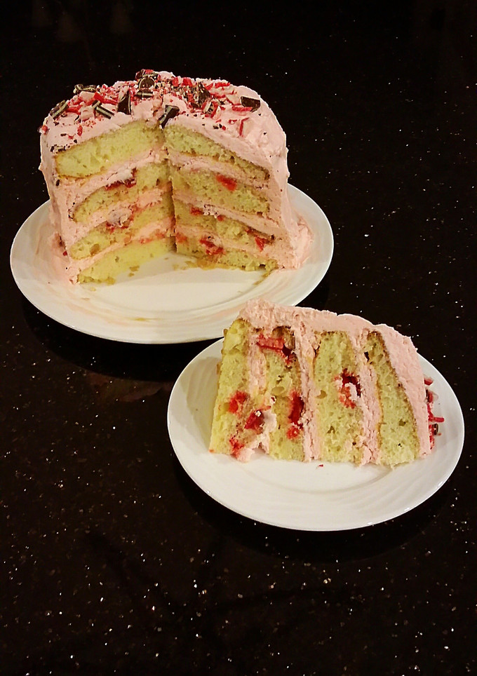 A picture of Vanilla Layer Cake with Peppermint Whipped Cream Frosting and Filling.