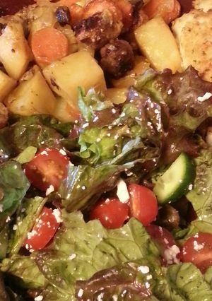A picture of Roasted sausage and potato casserole.